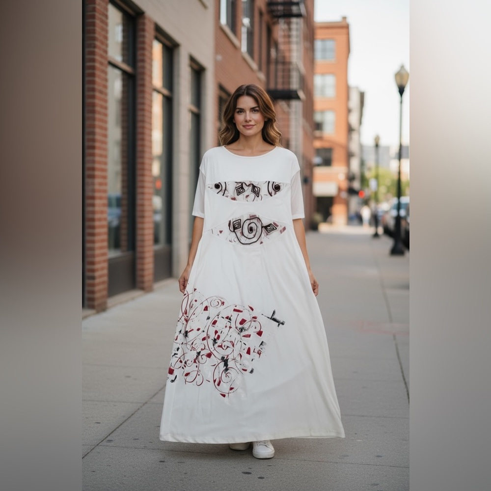 Elegant White and Red Patterned Maxi Dress